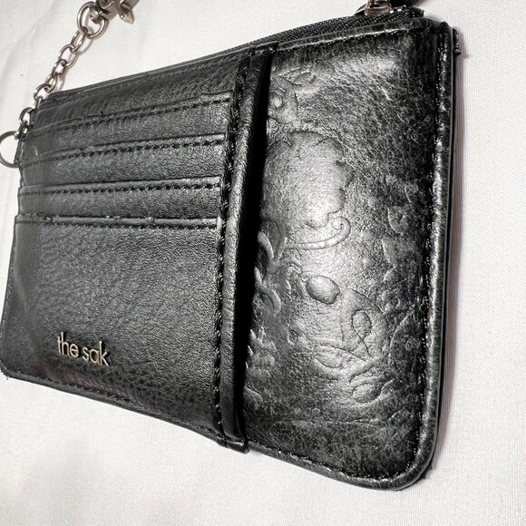 The Sak Black Leather Keychain Credit Card Holder Embossed Floral Coin Storage - Picture 2 of 11